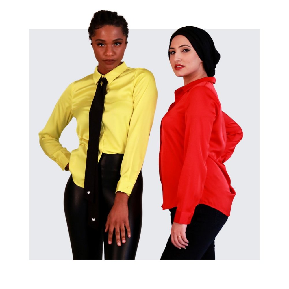 Skies Are Blue Satin Button Down Shirt (Red)